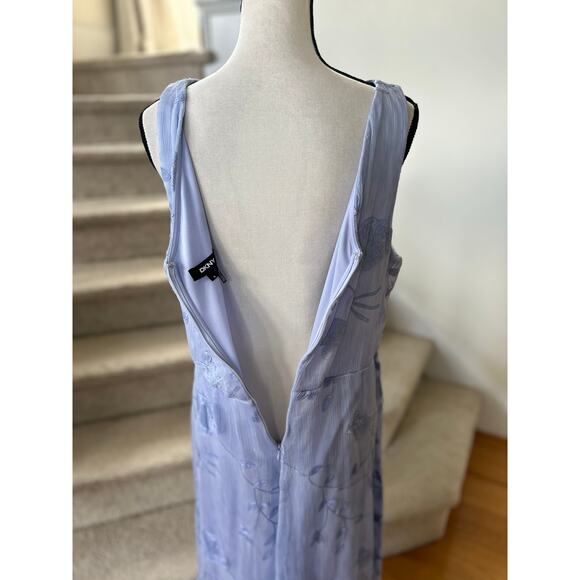 DKNY Dusty Blue Embroidered Floral Sleeveless Asymmetric Hem Midi Dress - Picture 4 of 9